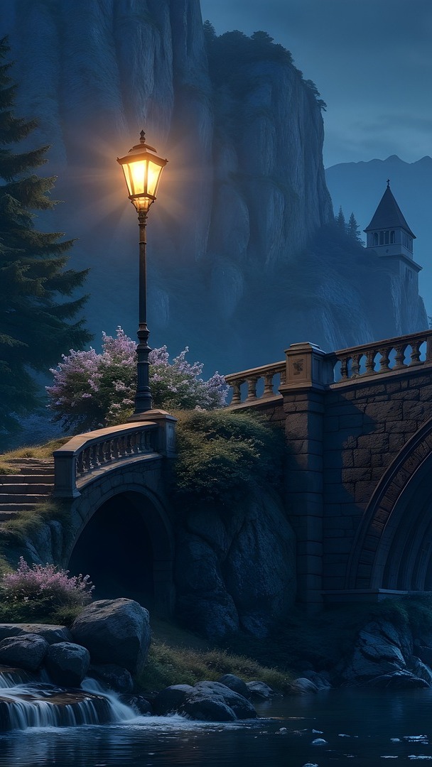 Zapalona nocą latarnia na schodach przy moście w górach