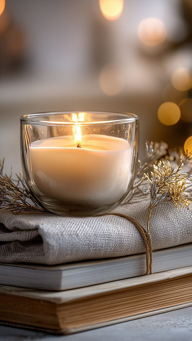 Zapalona świeca na tkaninie i książkach