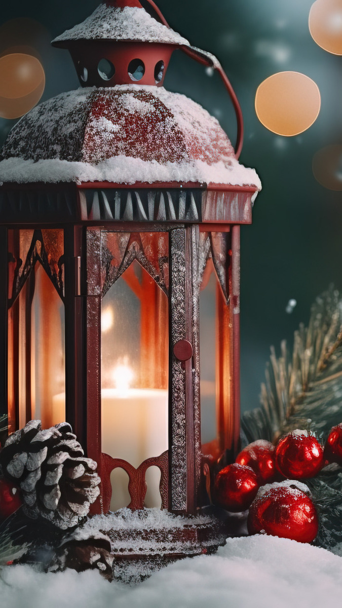 Zapalona świeca w lampionie oraz gałązka i czerwone bombki na śniegu