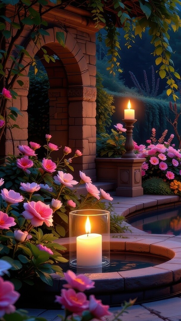 Zapalone lampiony i różowe kwiaty przy murowanym łuku i oczku wodnym