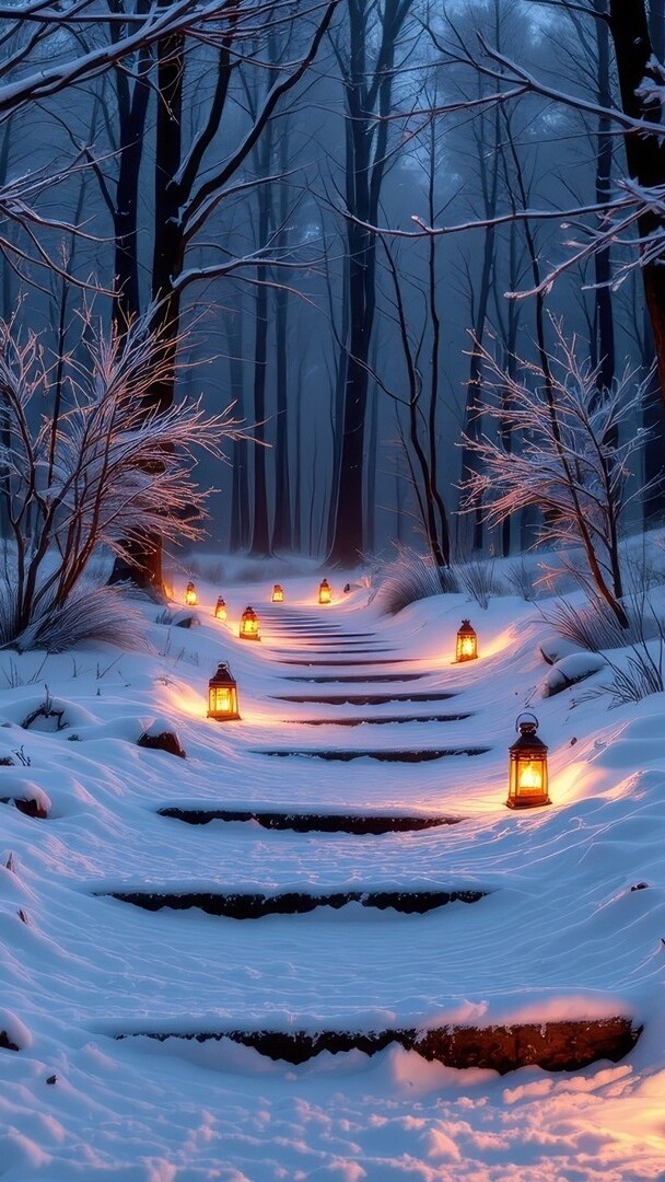 Zapalone lampiony na zaśnieżonych schodach w lesie