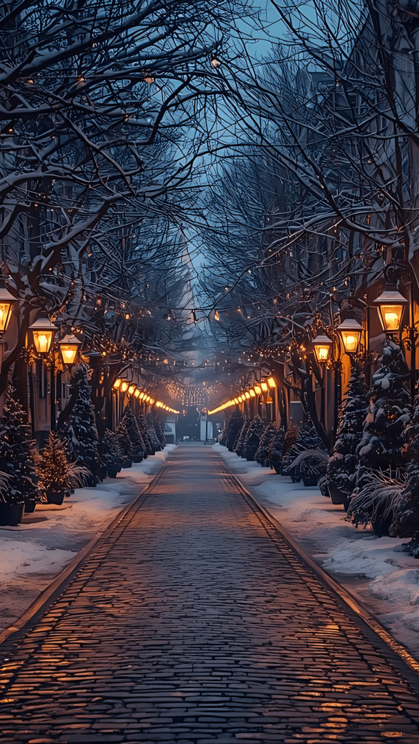 Zapalone latarnie i ośnieżone drzewa przy wąskiej brukowanej ulicy