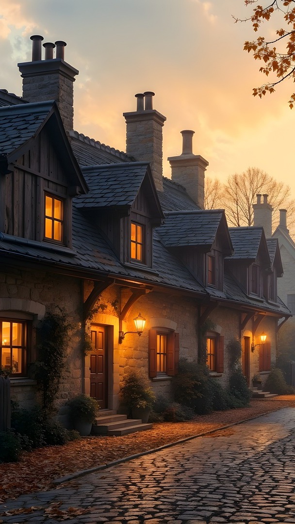 Zapalone latarnie na ścianach przy brukowanej uliczce