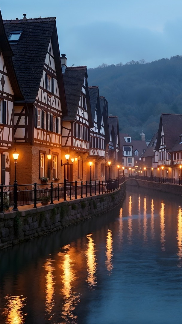 Zapalone latarnie przed domami nad kanałem