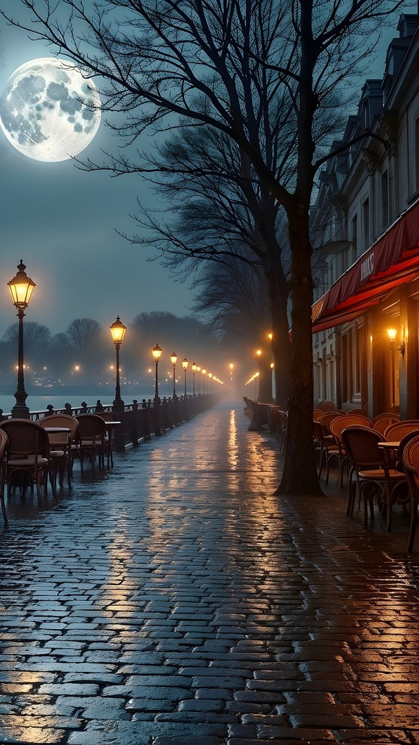 Zapalone latarnie przed restauracją na paryskim bulwarze w padającym deszczu