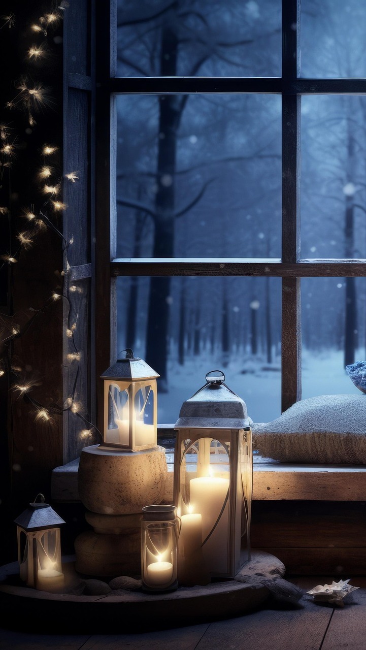 Zapalone nocą lampiony przy oknie