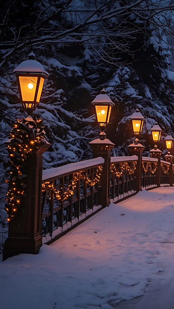 Zapalone nocą latarnie i światełka na ośnieżonym moście