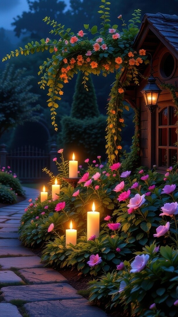 Zapalone nocą świece i kwiaty przy kamiennej ścieżce w ogrodzie