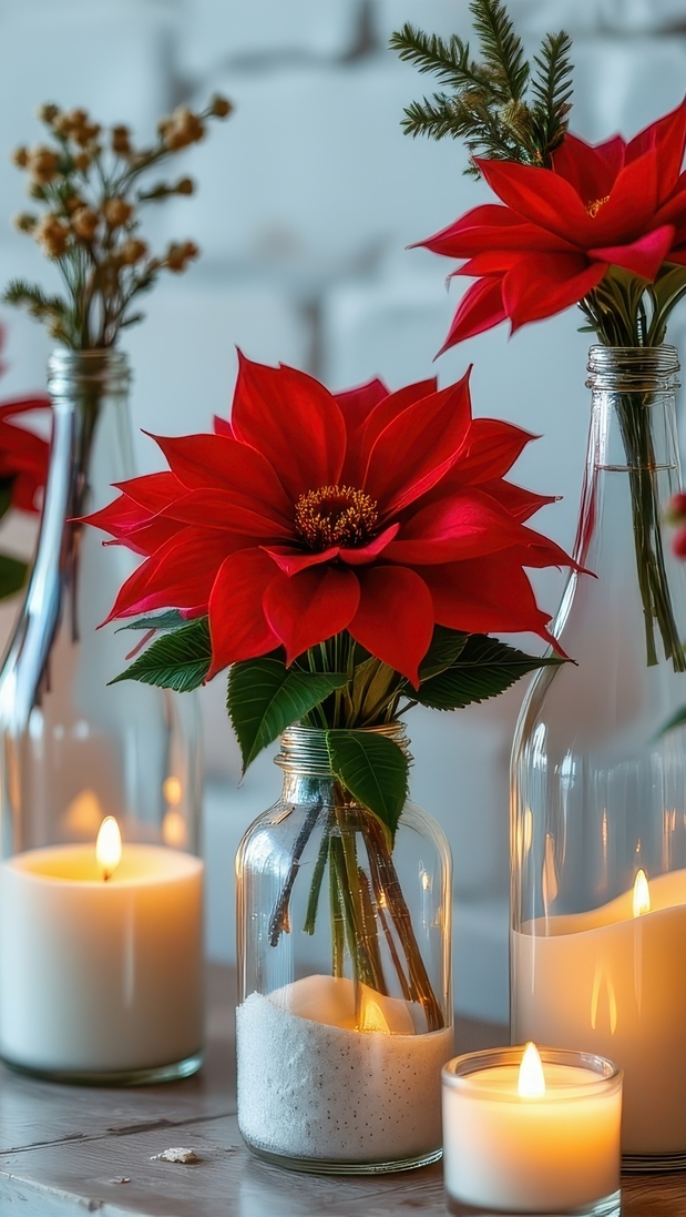 Zapalone świece i kwiaty gwiazdy betlejemskiej w butelkach