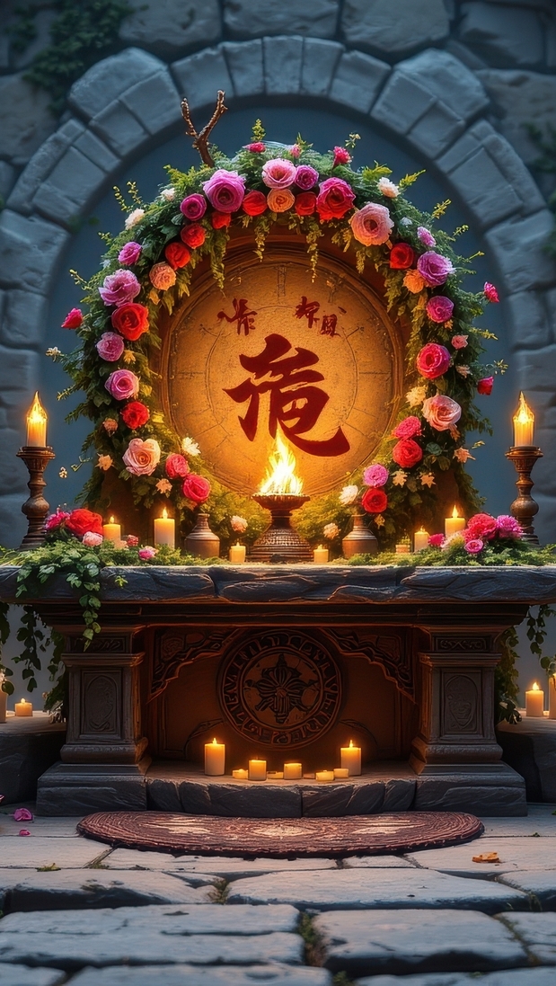 Zapalone świece i kwiaty na ołtarzu z chińskim znakiem w kamiennej budowli