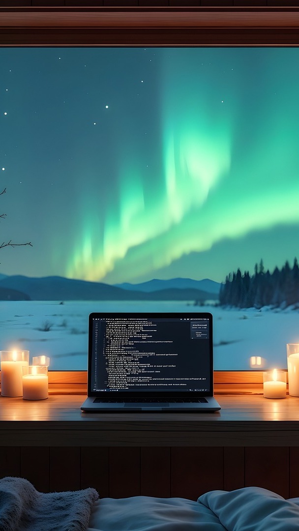 Zapalone świece i laptop przy oknie z widokiem na zorzę polarną