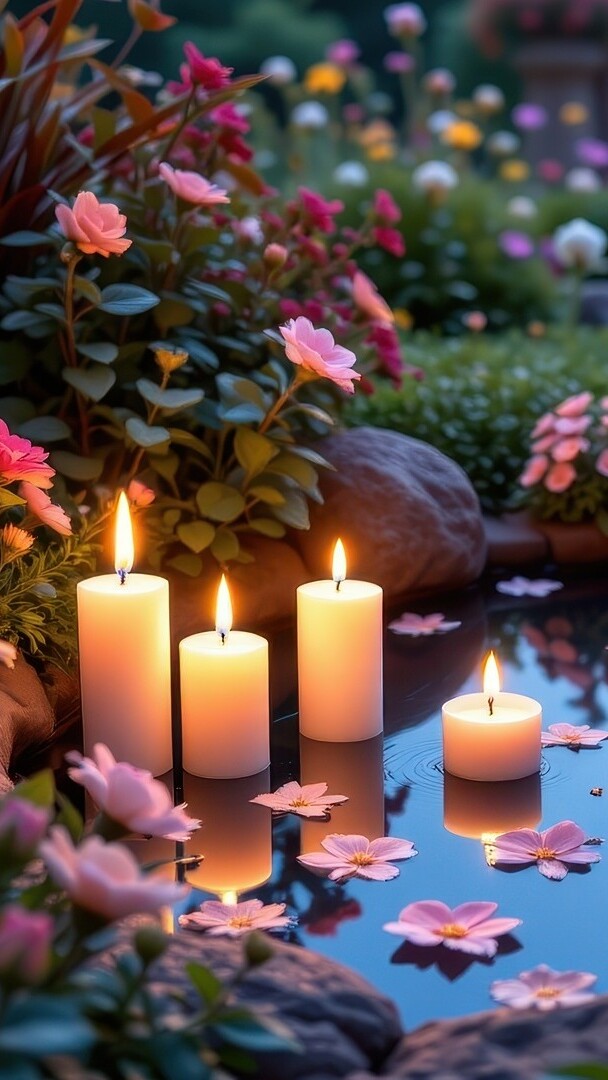Zapalone świece i różowe kwiaty przy oczku wodnym