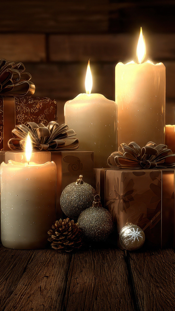 Zapalone świece między prezentami i bombkami na deskach
