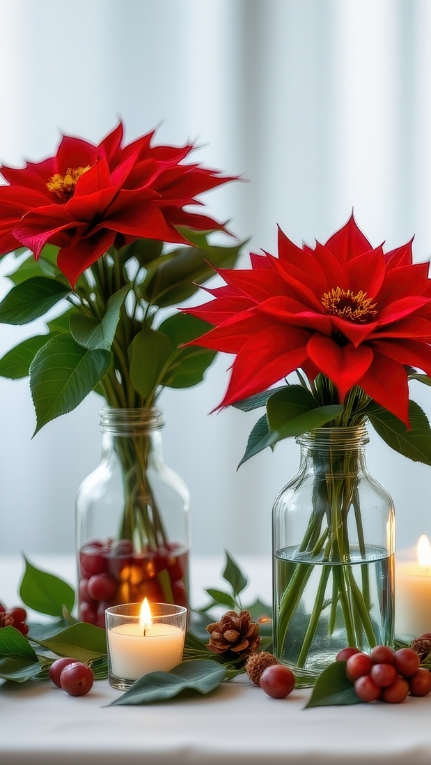 Zapalone świece obok kwiatów gwiazdy betlejemskiej w butelkach