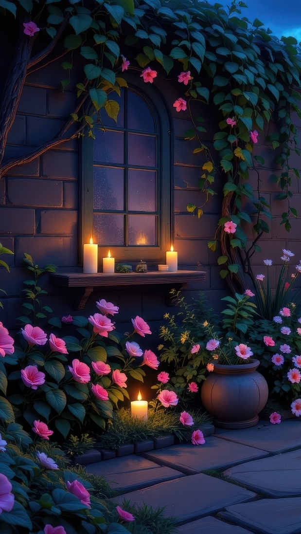 Zapalone świece oraz kwiaty i pnący bluszcz na tarasie w ogrodzie