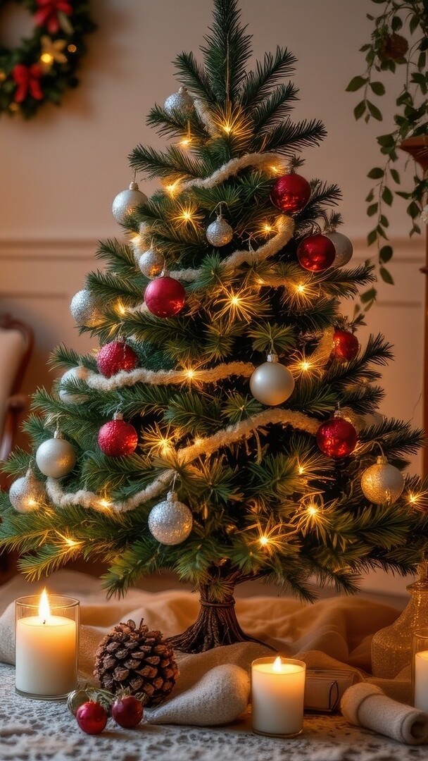 Zapalone świece pod udekorowaną choinką