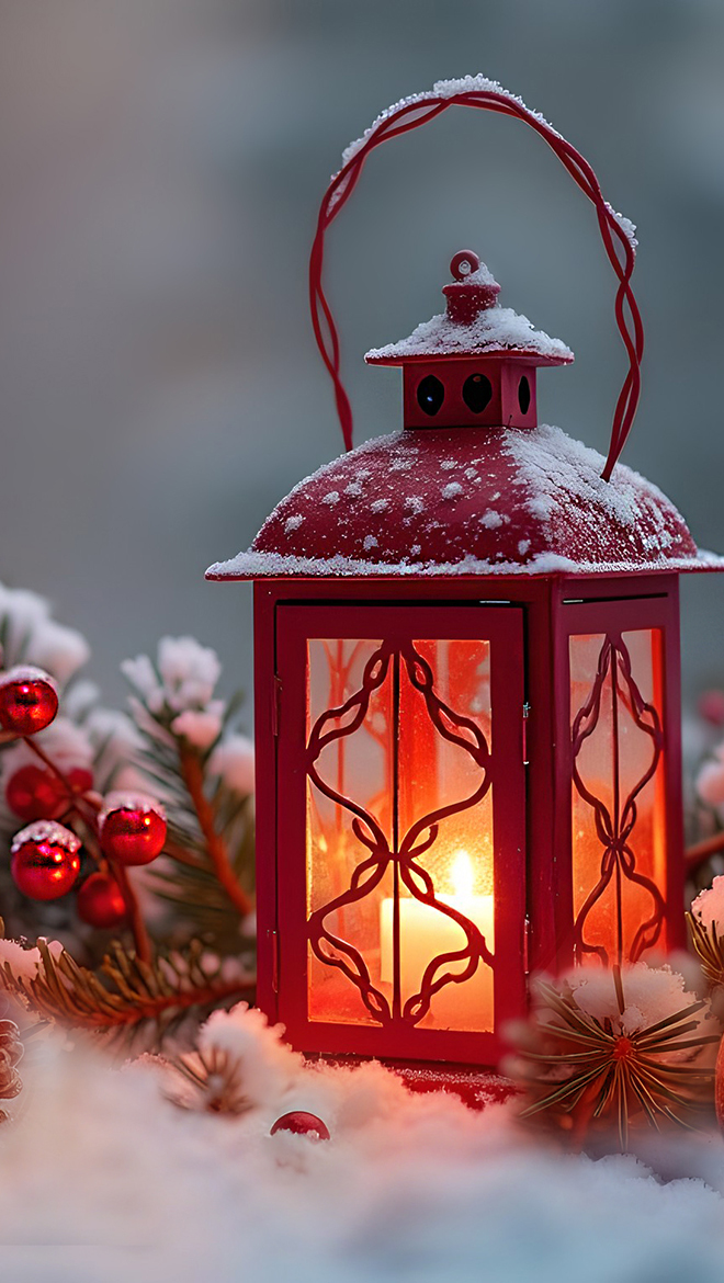 Zapalony czerwony lampion i czerwone bombki na ośnieżonych gałązkach