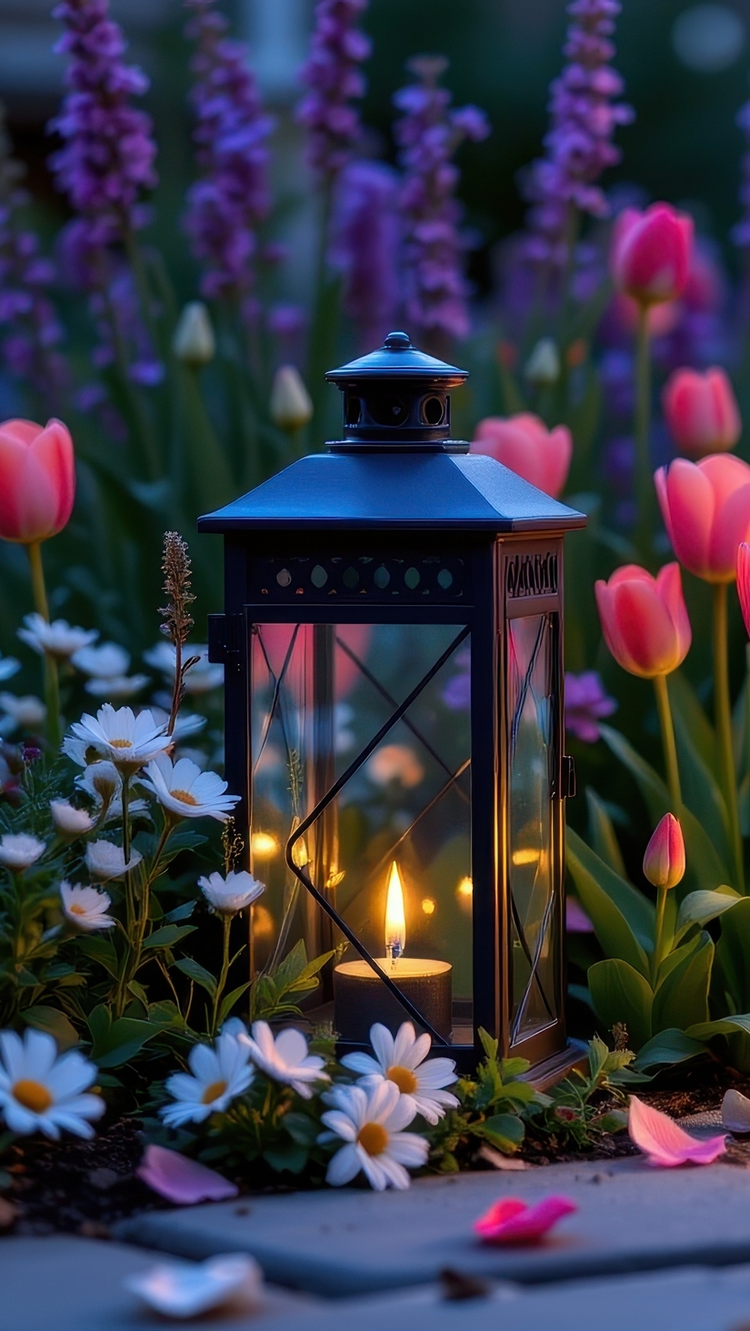 Zapalony lampion między kwiatami w ogrodzie