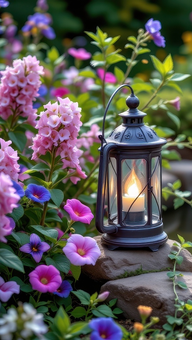 Zapalony lampion na kamieniu i kolorowe kwiaty