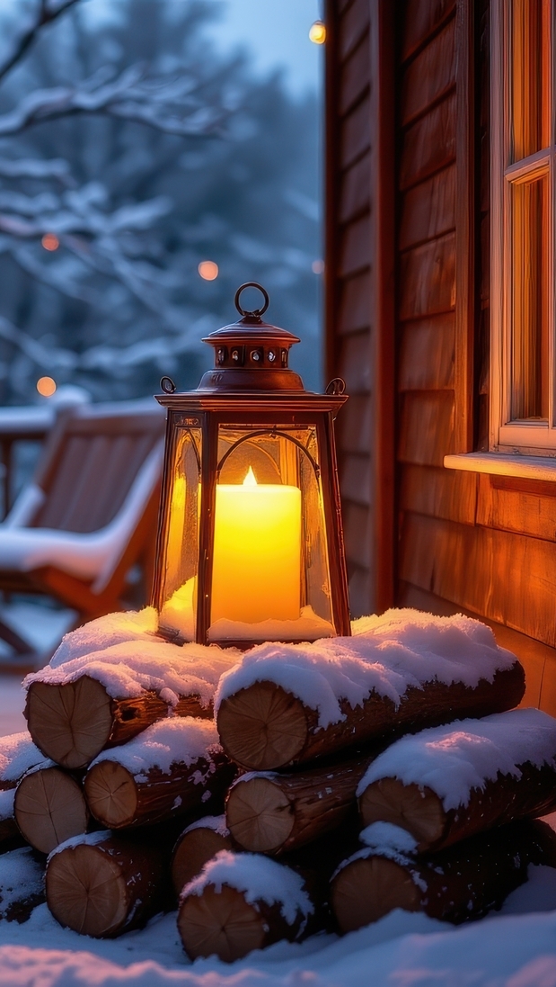 Zapalony lampion na ośnieżonych szczapach drewna na tarasie