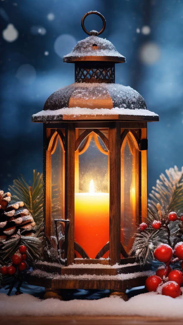 Zapalony lampion na śniegu obok szyszki i czerwonych jagód oraz gałązek