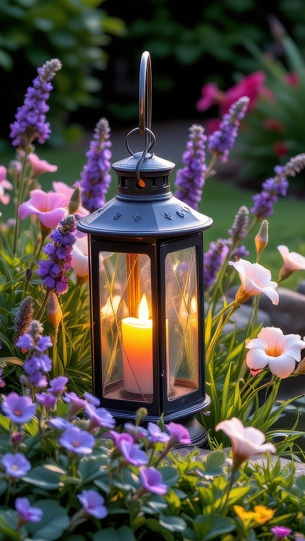 Zapalony lampion wśród kwiatów w ogrodzie