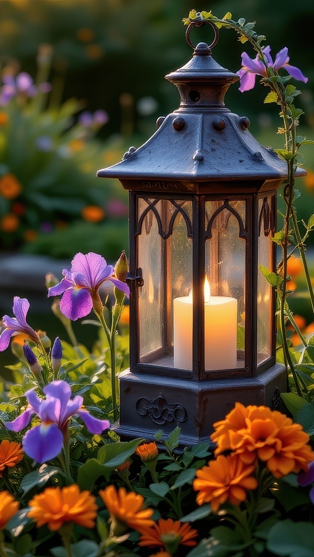 Zapalony lampion wśród kwiatów