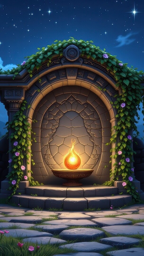 Zapalony znicz przed tablicą porośniętą bluszczem