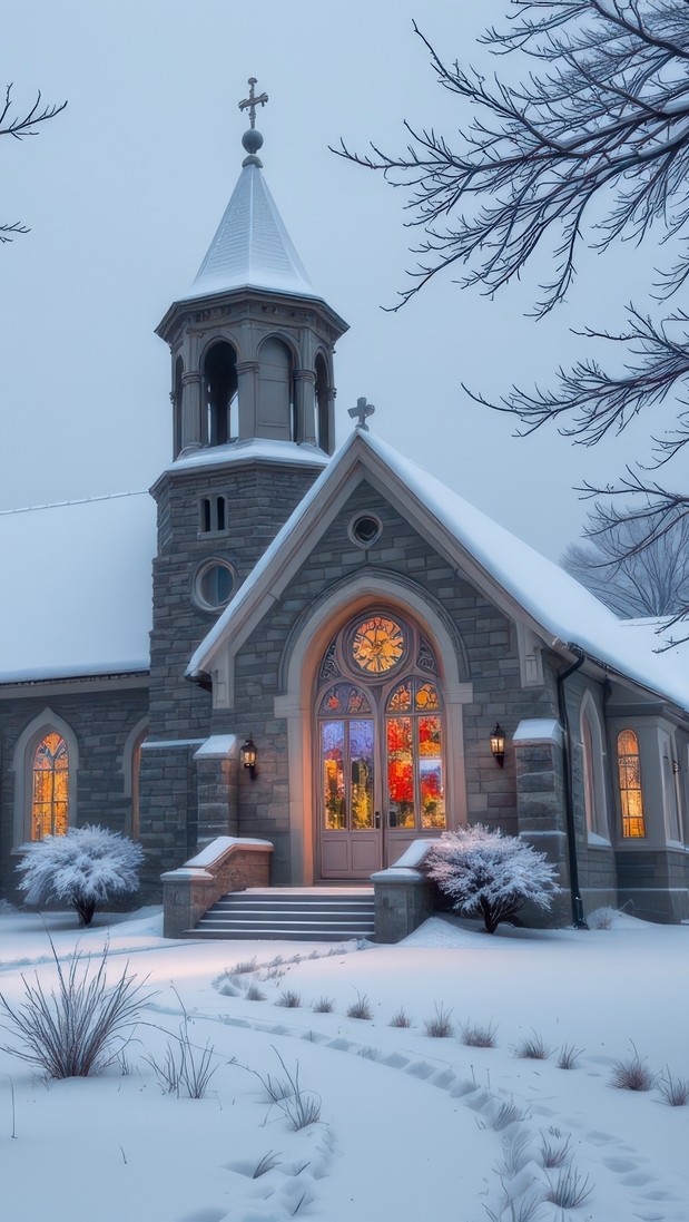Zaśnieżona droga do oświetlonego kościoła w zimowej scenerii