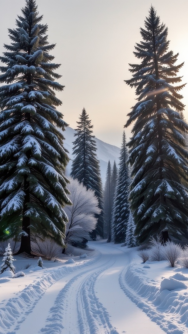 Zaśnieżona droga w zimowym iglastym lesie