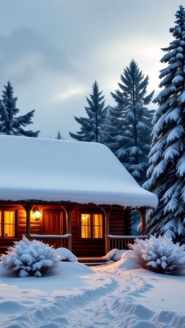 Zaśnieżona ścieżka do rozświetlonego domu pod drzewami