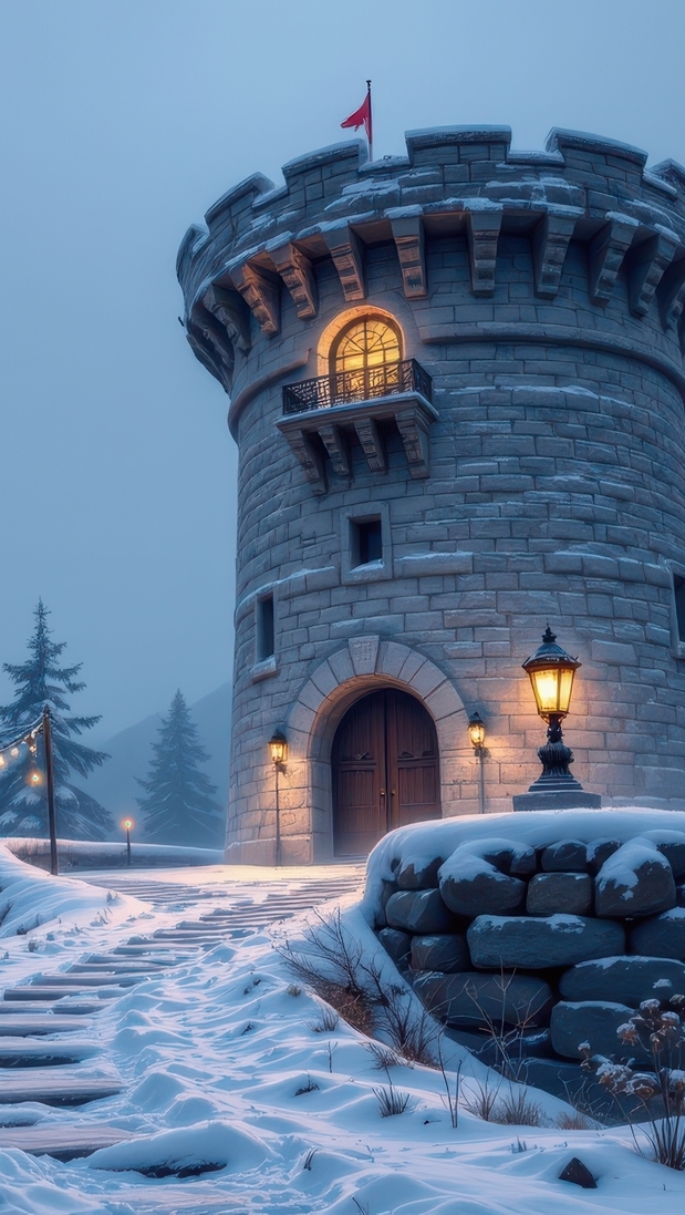 Zaśnieżone schody do oświetlonej wieży