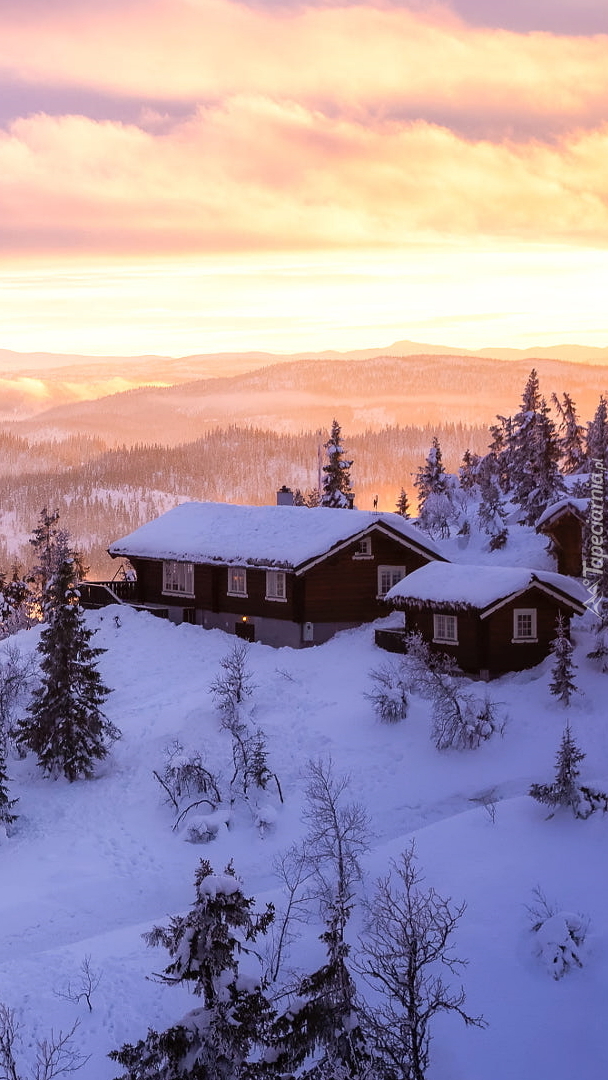 Zasypane śniegiem domy na wzgórzu