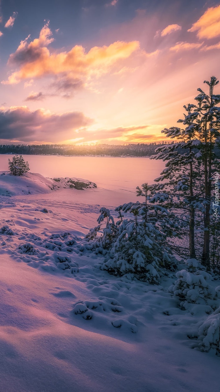 Zasypane śniegiem  jezioro o zachodzie słońca