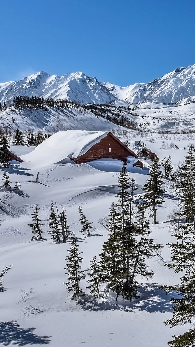 Zasypany śniegiem dom w górach