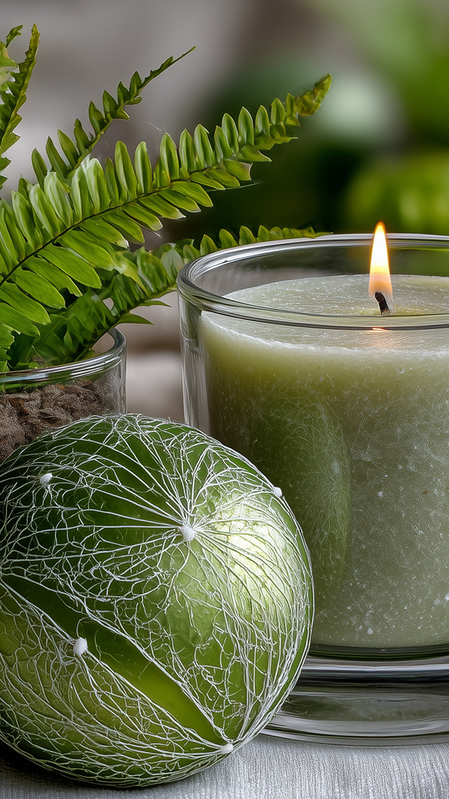 Zielona bombka i zapalona świeca obok paproci