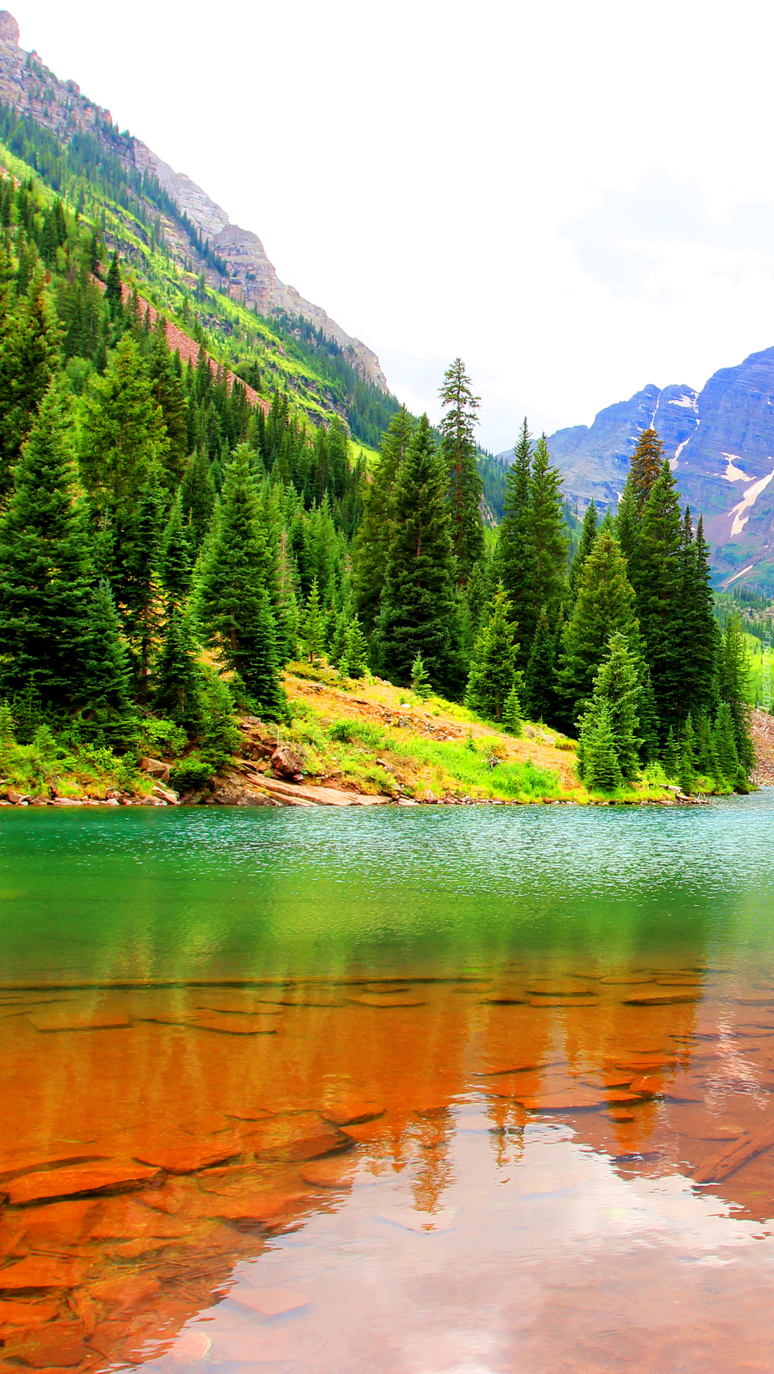 Zielone drzewa nad jeziorem Maroon Lake