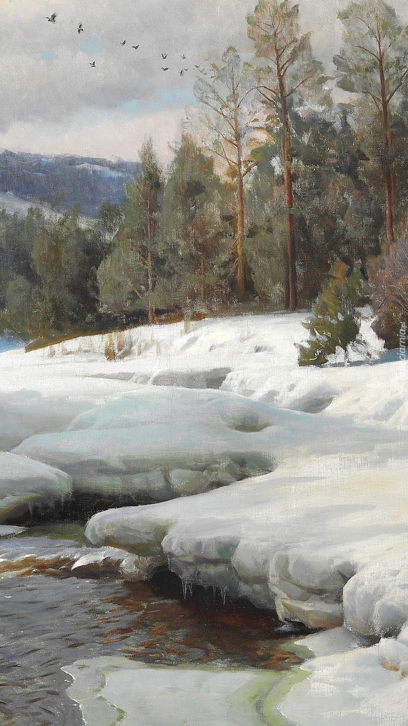 Zima nad rzeką na obrazie Pedera Morka Monsteda