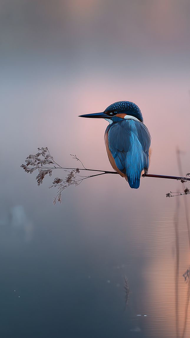Zimorodek na źdźble trawy