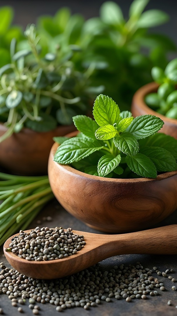 Zioła w miseczkach i przyprawy w drewnianej łyżce