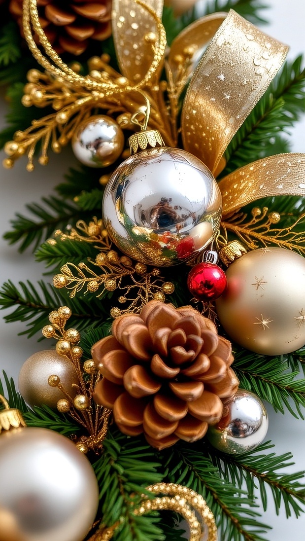 Złota wstążka i bombki oraz szyszka na świątecznym stroiku
