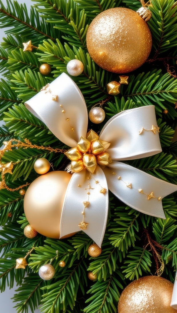 Złote bombki i kokarda na świątecznym wieńcu