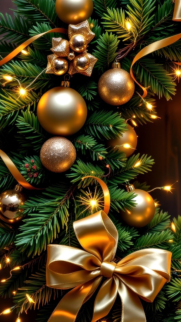 Złote bombki i kokarda na świątecznym wieńcu