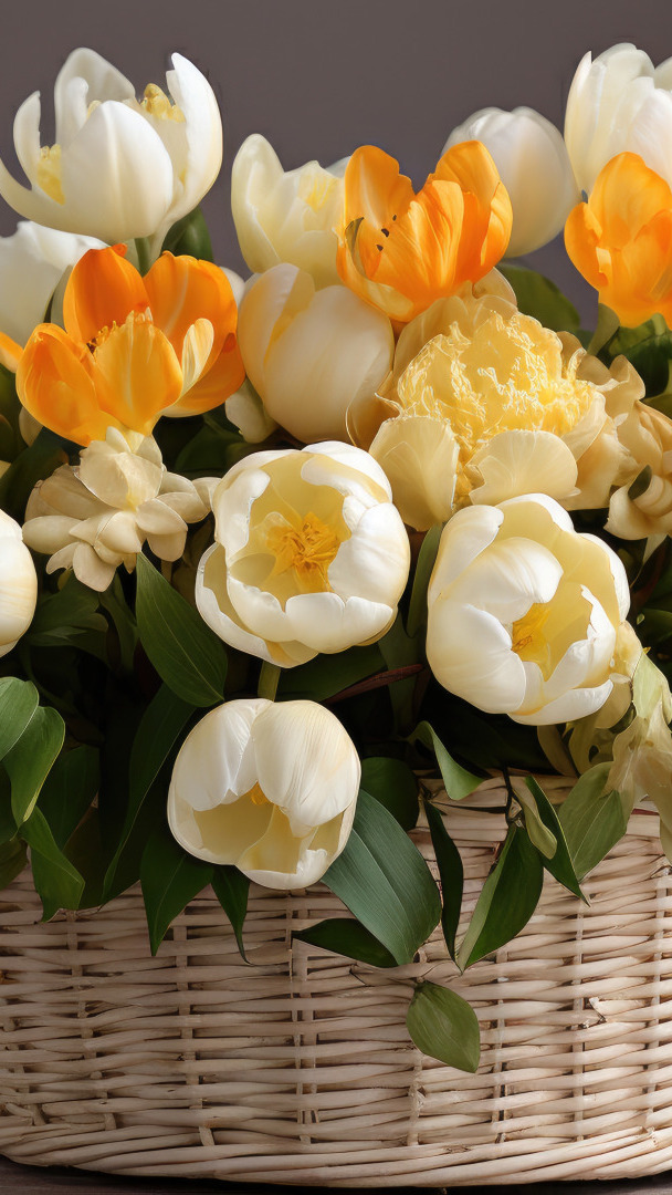 Żółte i białe tulipany w koszyku