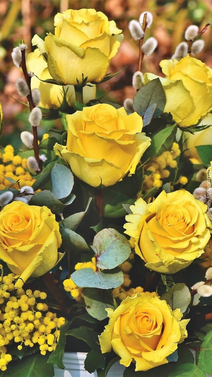 Żółte róże i bazie w bukiecie