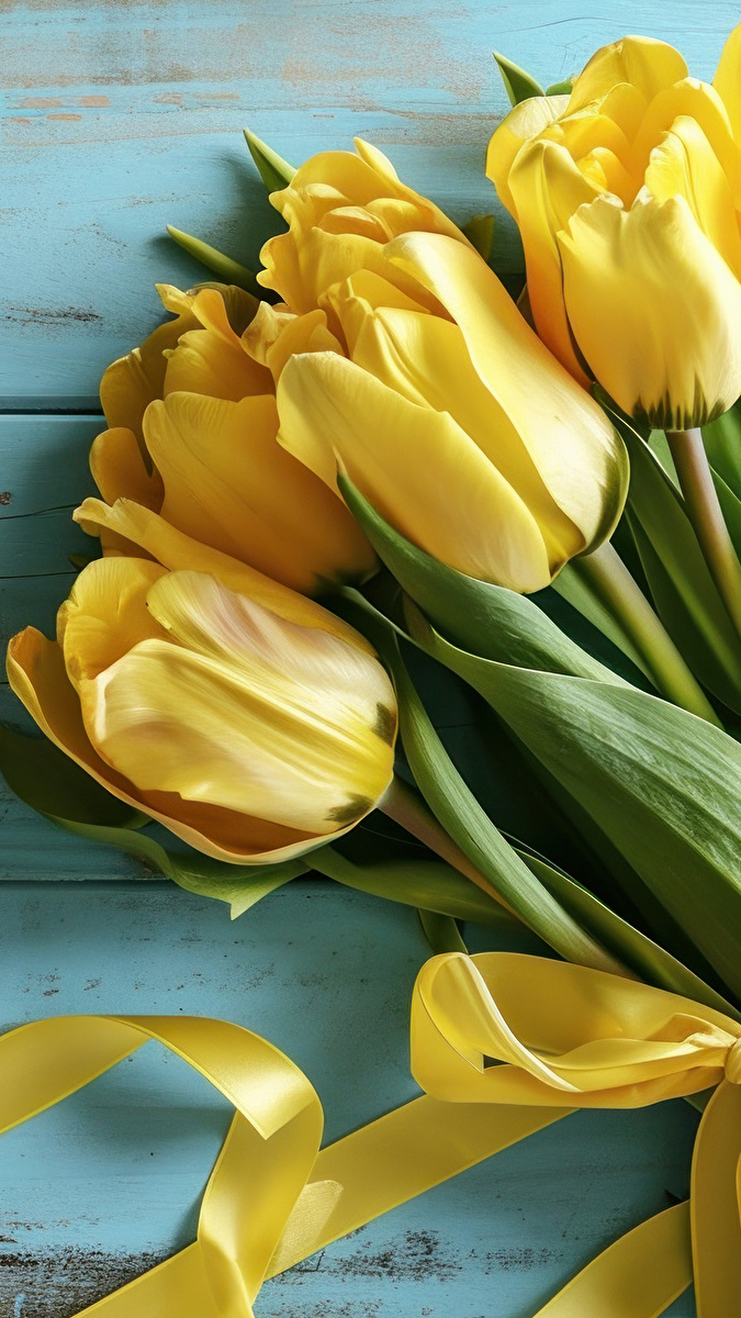 Żółte tulipany z żółtą wstążką