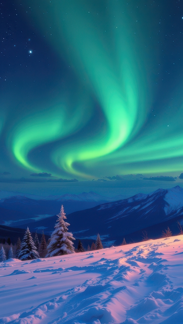 Zorza polarna nad ośnieżonymi górami i drzewami