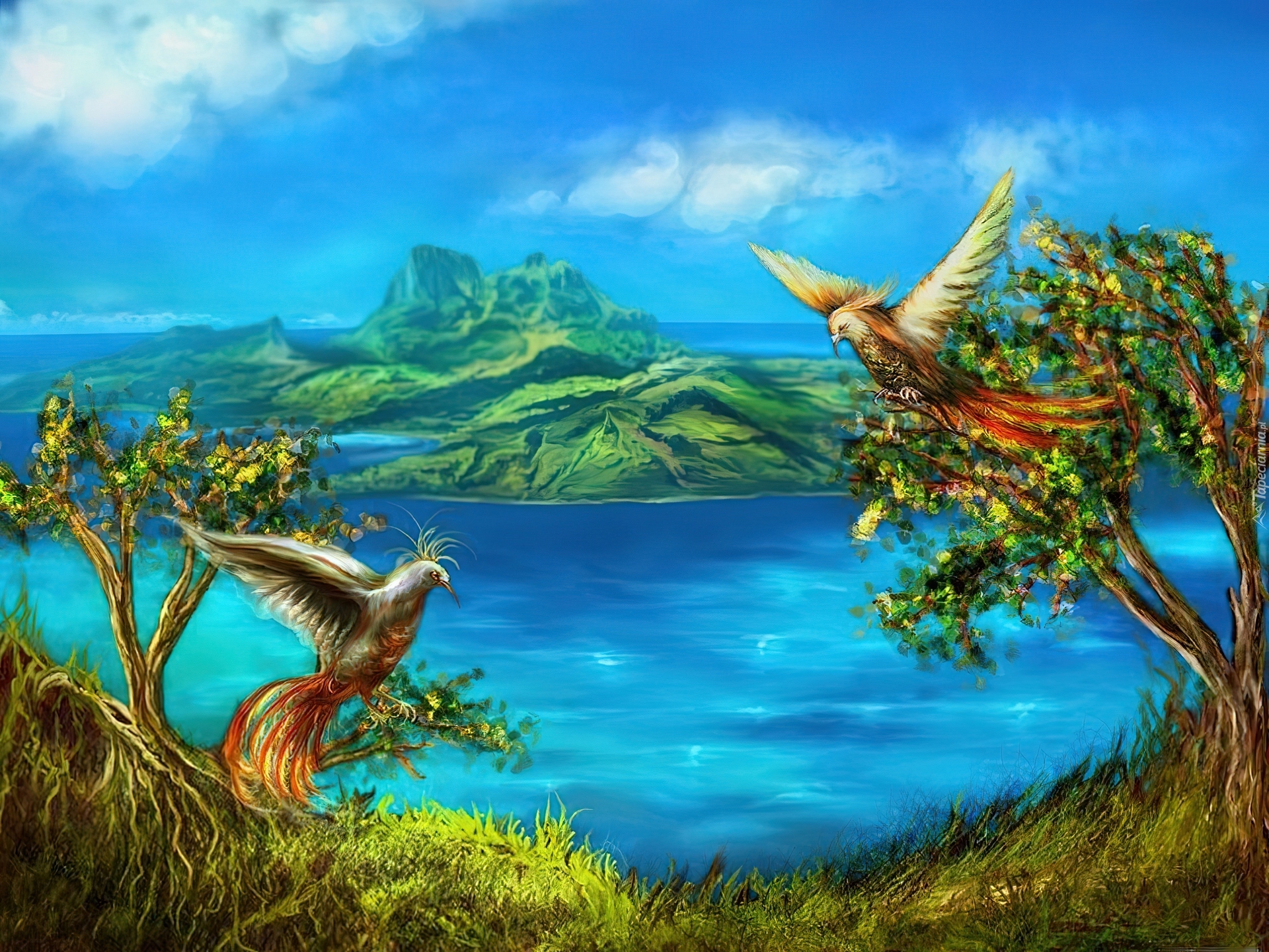 Ptaki, Woda, Góry, Drzewa, Art, Fantasy