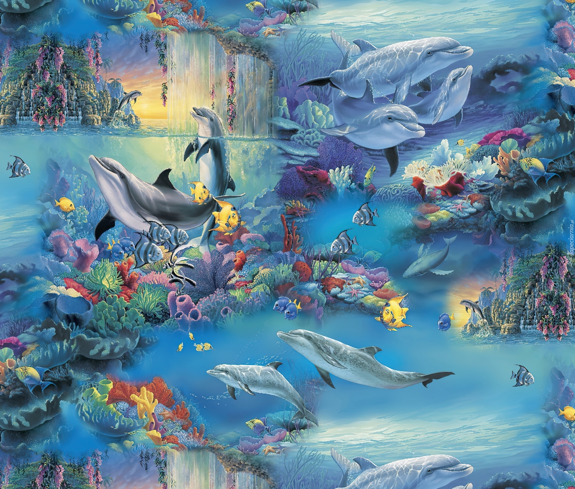 Delfiny, Rybki, Ocean, Art, Fantasy