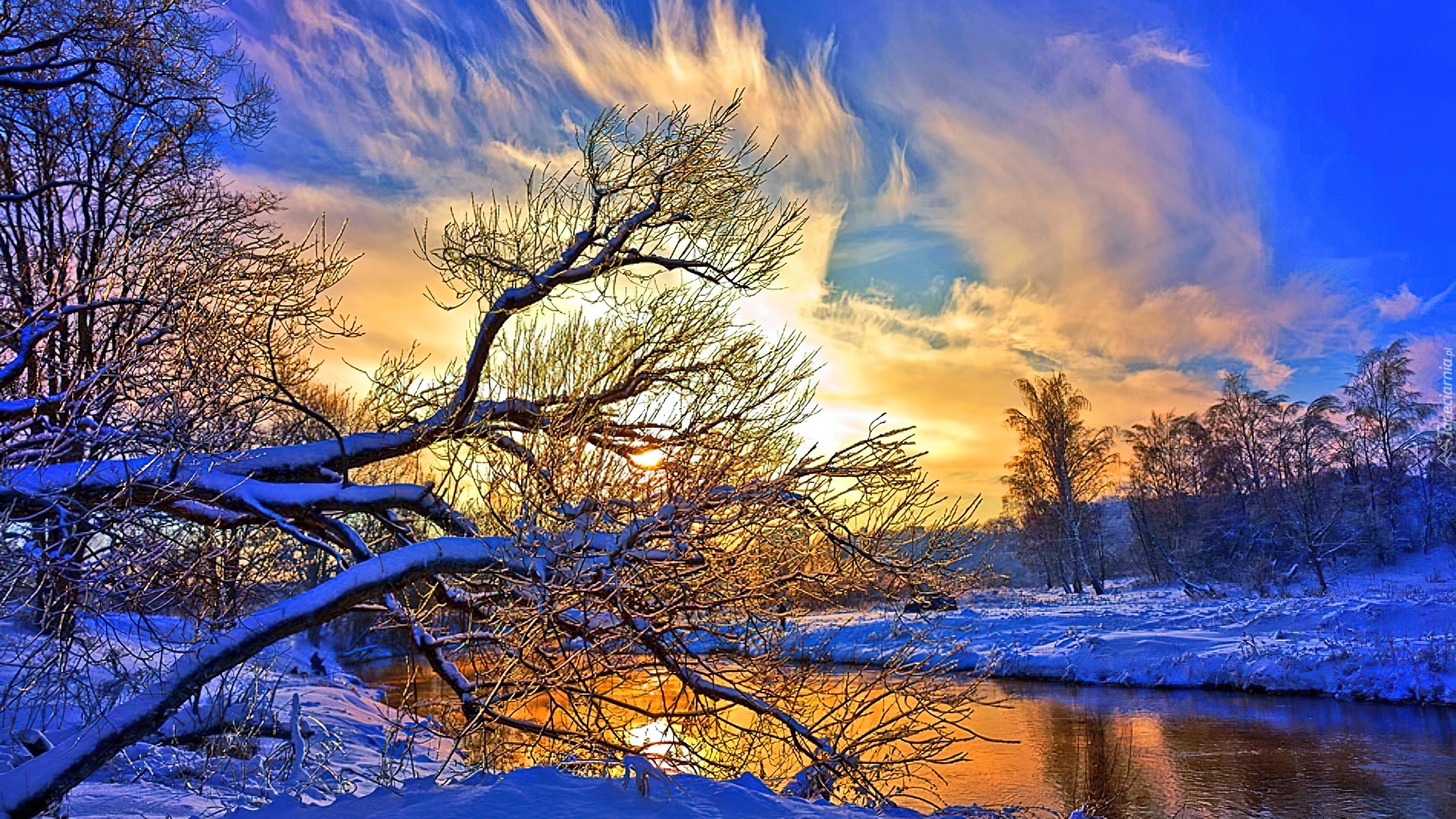 Drzewa, Zima, Rzeka, Zachód, Słońca